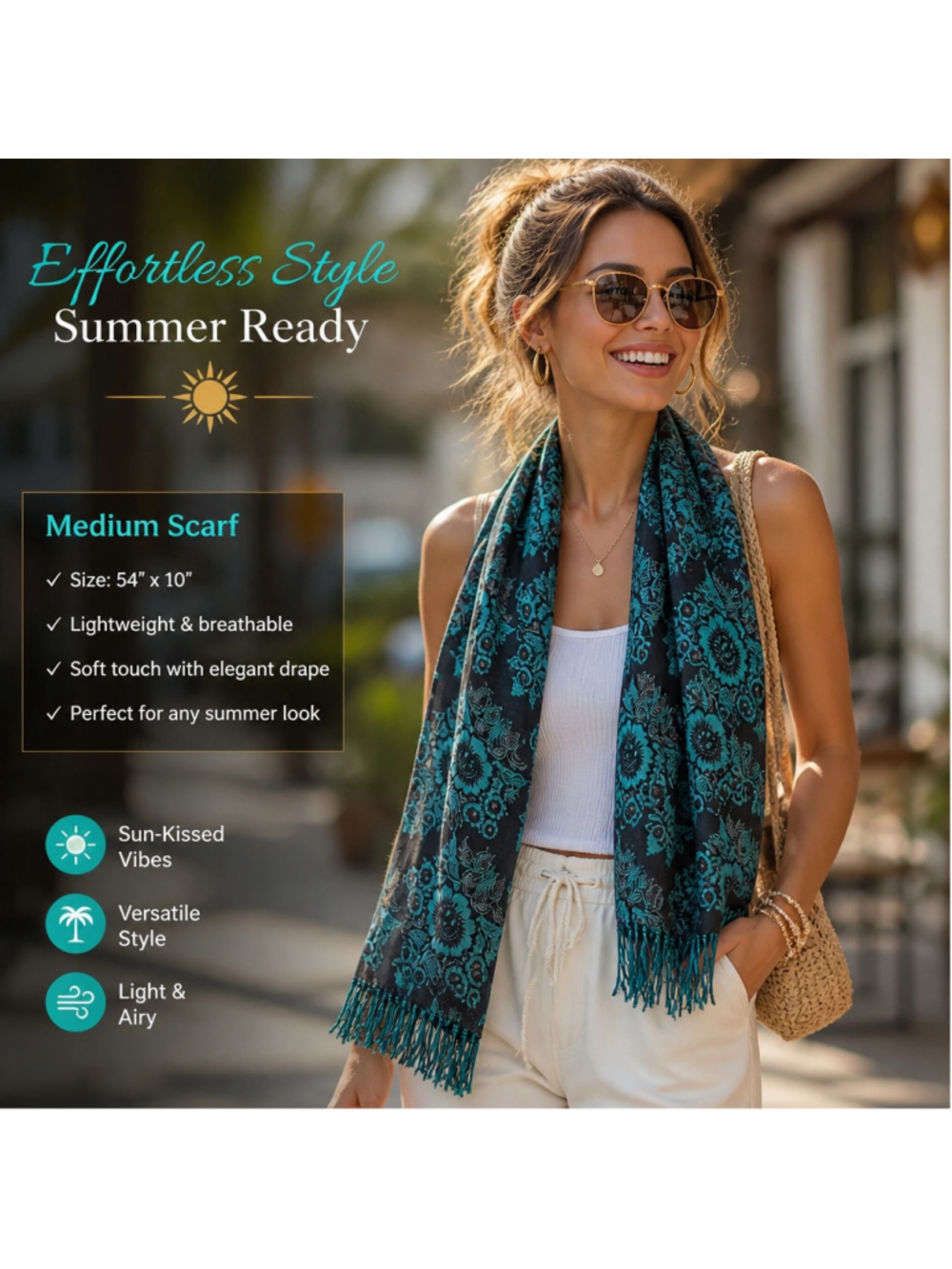 Women's Unbranded Black Teal Floral Medium Scarf 54” x 10”